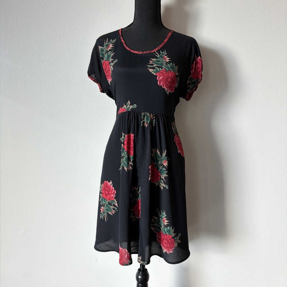 SOLD Black Short Sleeve Mini Dress with Red Floral Print